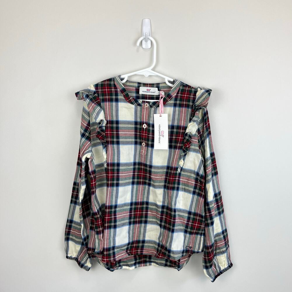 Vineyard Vines Girls' Soft Twill Ruffle Top Royal Stewart Marsh Medium NWT
